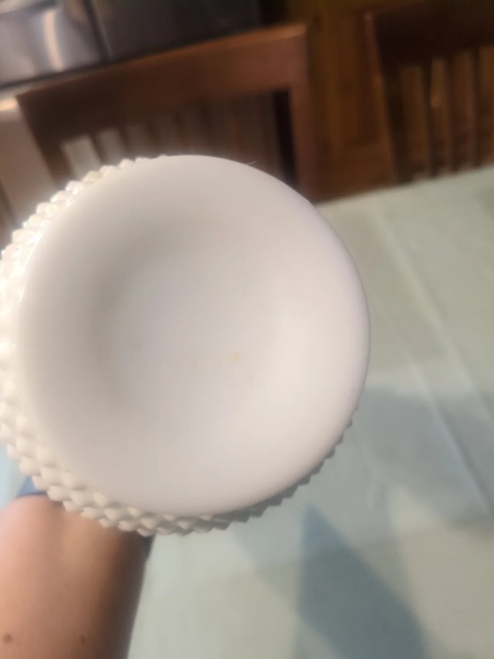 Vintage Fenton hobnail milk glass swung vase. 18
